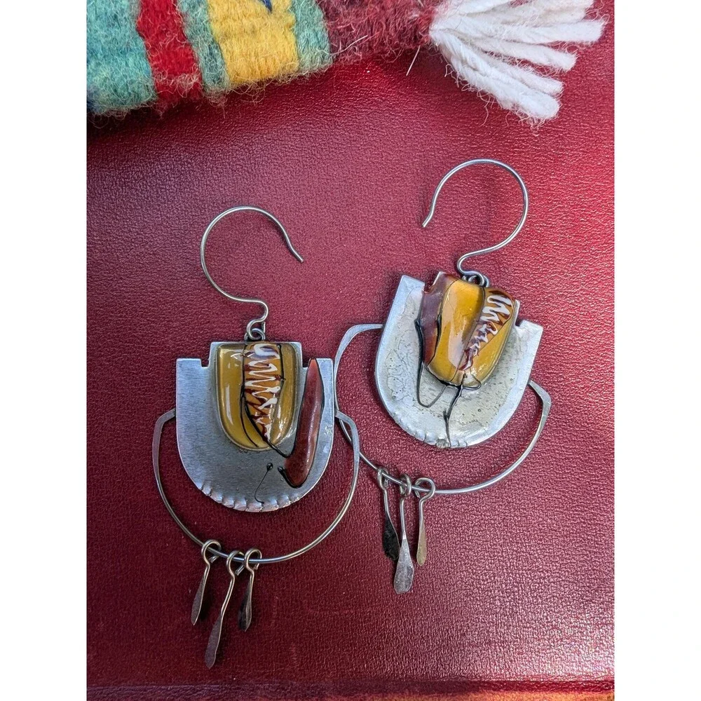 Vintage Abstract Enamel Metal Dangle Earrings